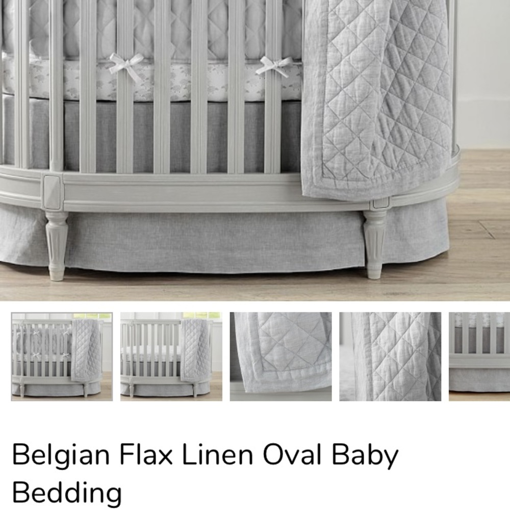 NWT Pottery Barn Kids. Gray linen OVAL crib skirt